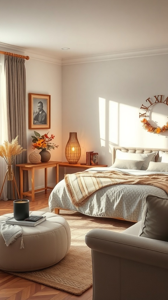 A cozy living room corner with autumn decor, featuring a bed, warm lighting, and seasonal flowers.