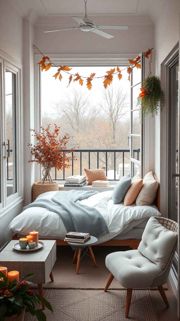 Cozy small balcony decorated for autumn with a bed, candles, and plants.