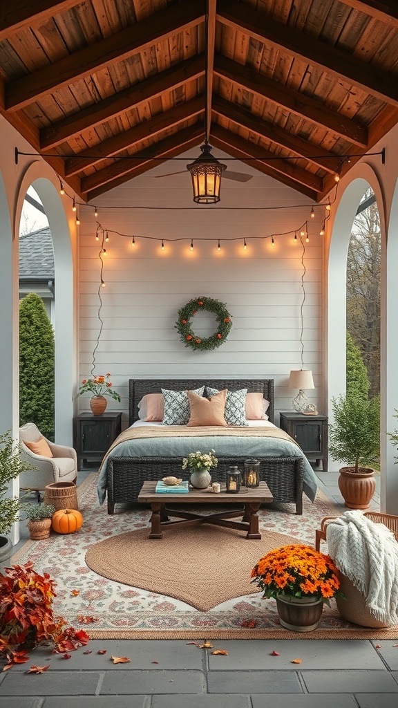 A cozy covered outdoor patio decorated for fall with a bed, pumpkins, flowers, and string lights.