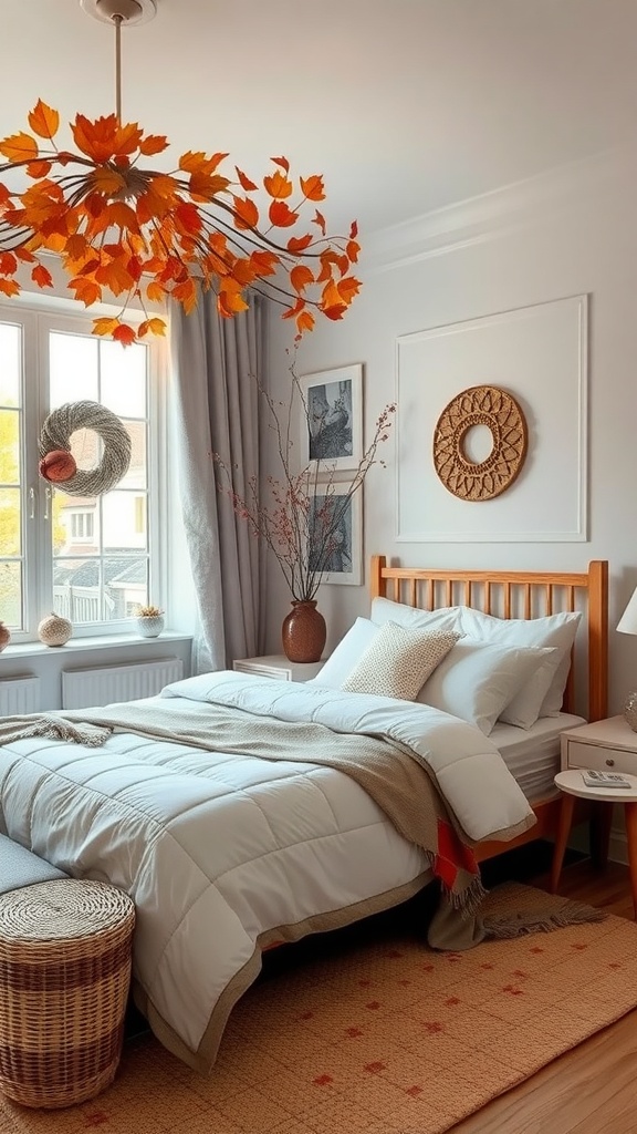 A cozy bedroom with autumn-themed decor, featuring a chandelier with orange leaves, soft bedding, and warm tones.