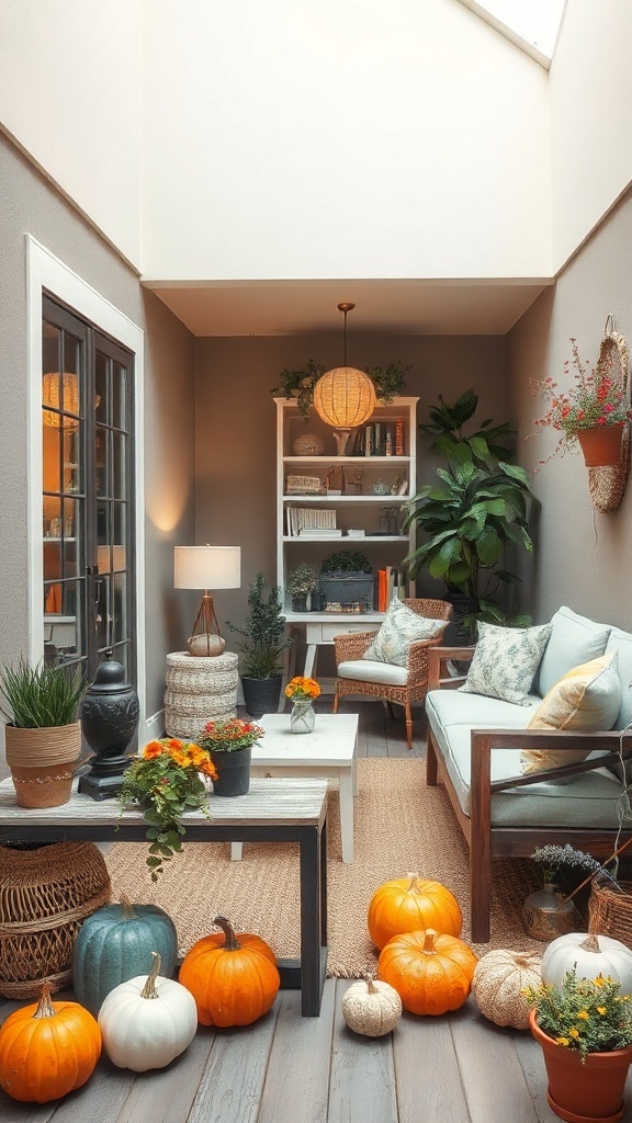 A cozy tiny patio decorated for fall with pumpkins, plants, and comfortable furniture.