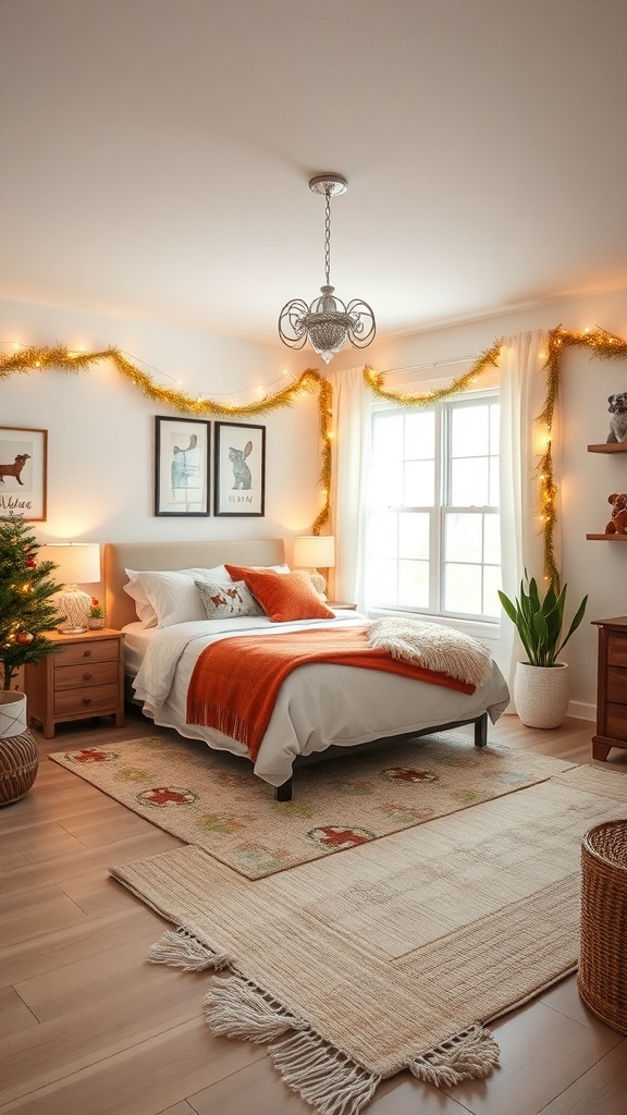 A cozy dog-friendly room decorated with seasonal decor, featuring a bed with an orange throw, a playful rug, and a small tree.