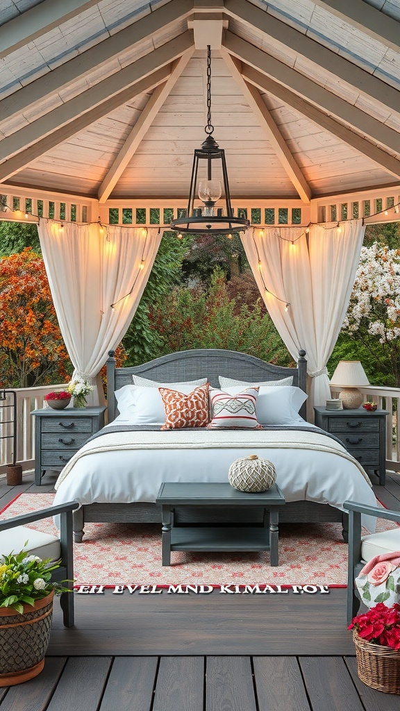 Cozy gazebo setup with bedding, pillows, and decorative plants, illuminated by soft lantern light.