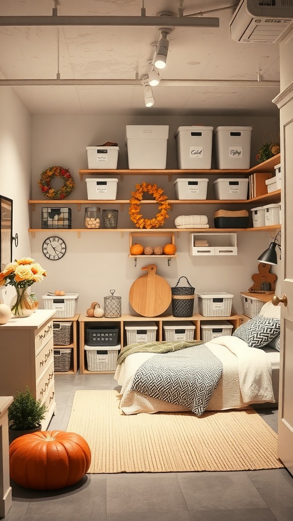 A well-organized basement with seasonal storage solutions, featuring shelves with labeled bins, decorative items, and a cozy rug.