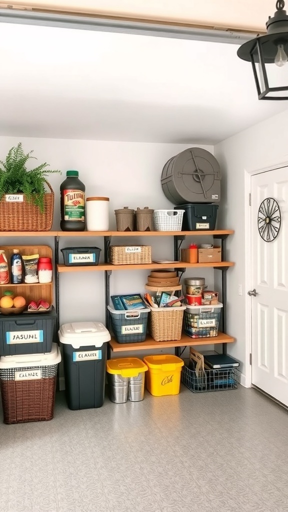 Organized garage storage with labeled bins, baskets, and shelves.