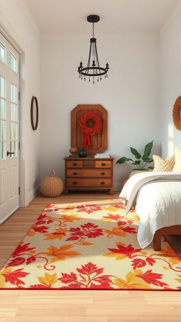 A cozy room featuring a seasonal themed rug with autumn leaves.
