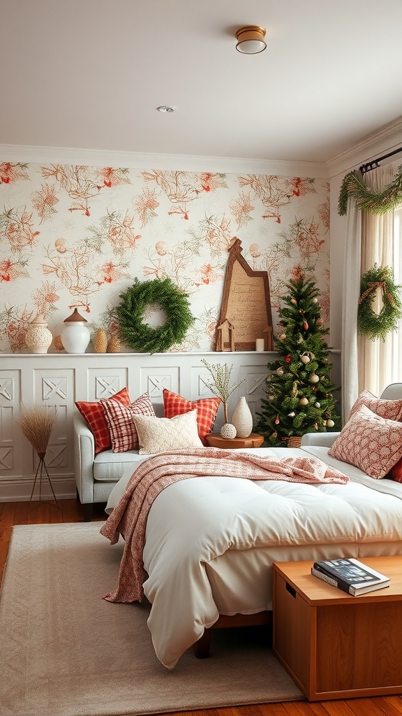 Cozy room with seasonal decor, featuring a small Christmas tree, pillows in red and white, and a wreath on the wall.