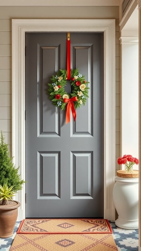 A dark gray door with a colorful seasonal wreath and a welcome mat