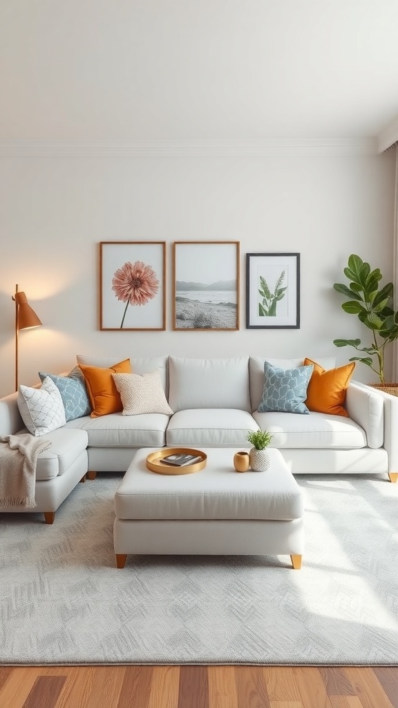 Cozy living room featuring a light sectional sofa with colorful pillows, a coffee table, and decorative wall art.