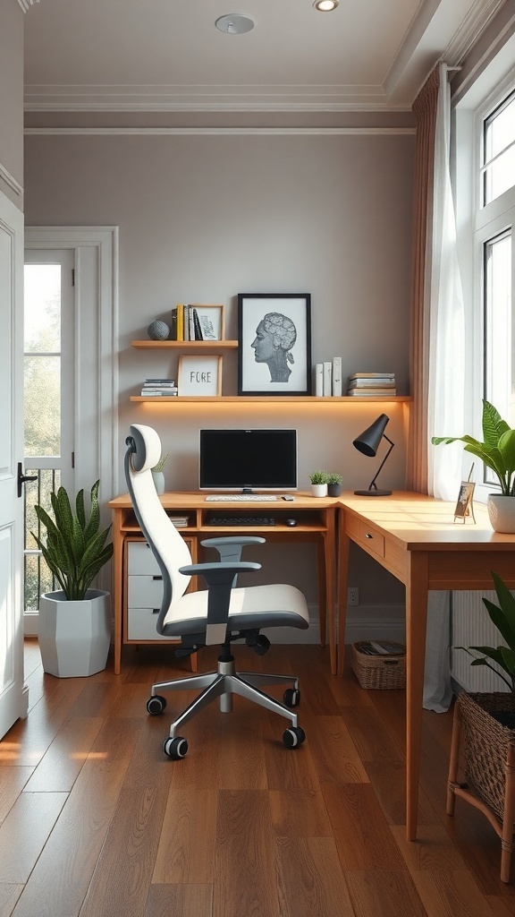 Cozy small study room with ergonomic furniture and plants.
