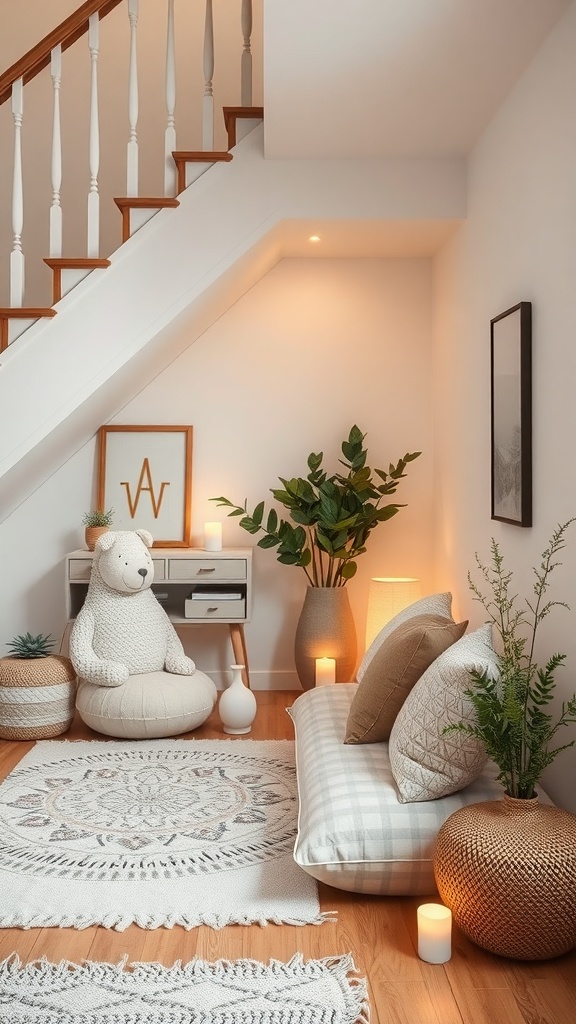 A cozy meditation space under the stairs with cushions, plants, and warm lighting.