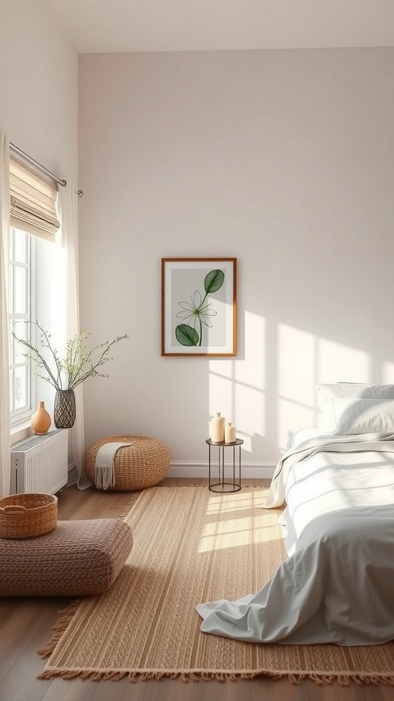A serene minimalist prayer room with natural light, soft colors, and simple decor.