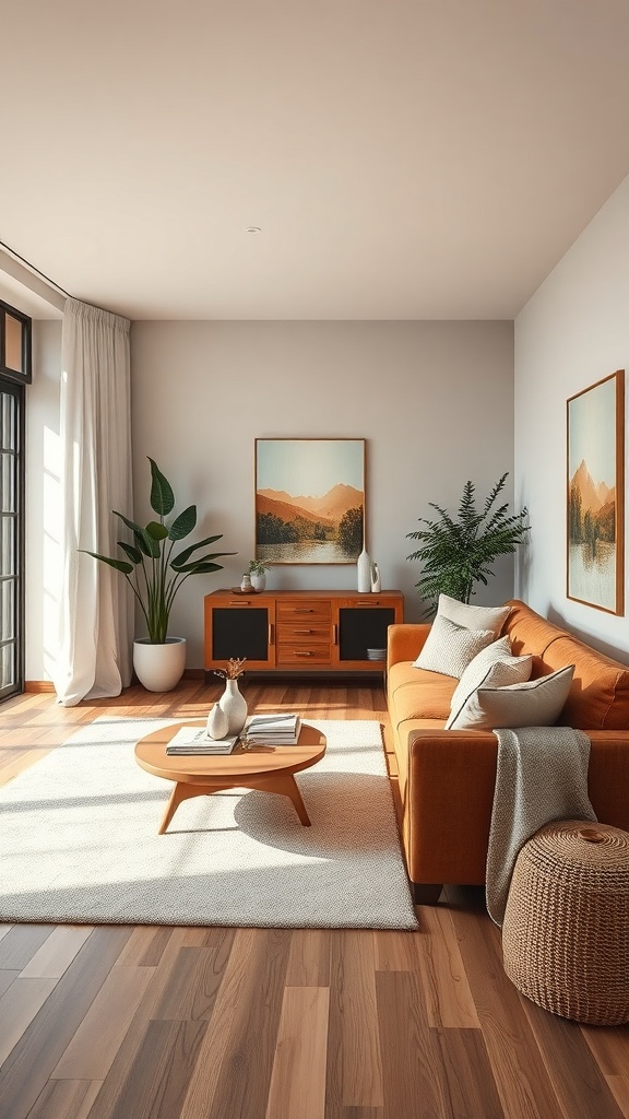 A serene living room featuring a brown sofa, round coffee table, and plants, creating a calming atmosphere.