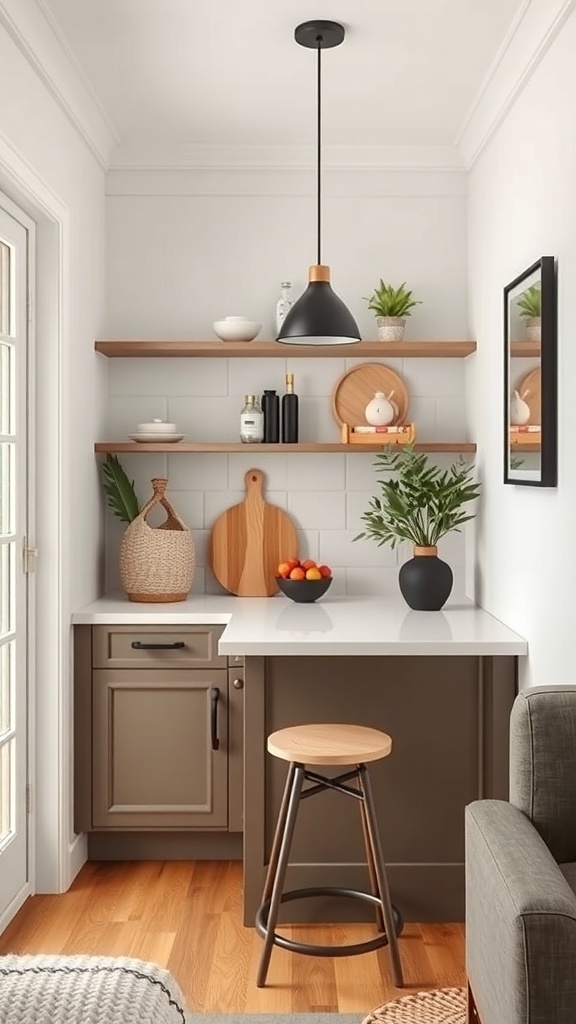 A cozy breakfast nook with modern decor, featuring a sleek white countertop, wooden stools, and stylish shelving.