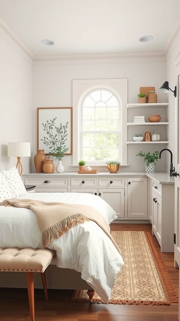 A well-decorated butler's pantry with plants, artwork, and cozy accents.