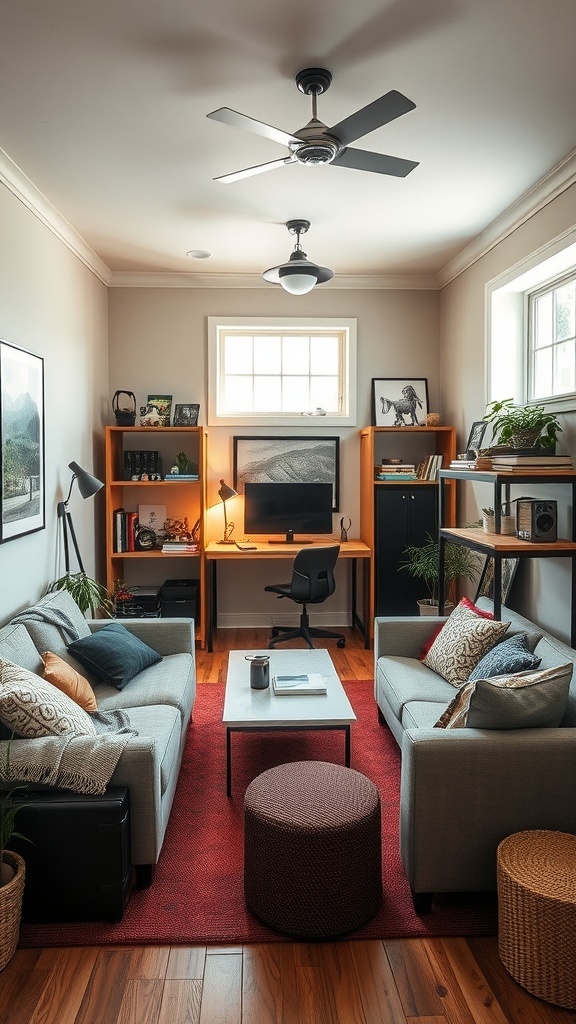 Cozy tiny man cave showcasing hobbies and interests with a desk, comfortable seating, and decorative elements.