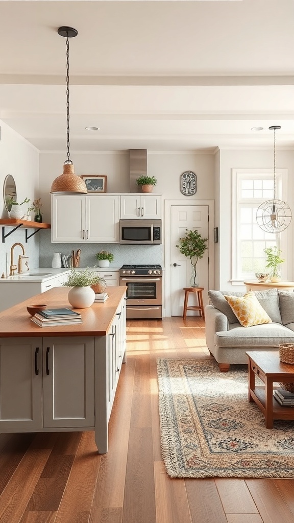 A tiny farmhouse kitchen with an open floor plan featuring a wooden island, light cabinetry, and a cozy living area.