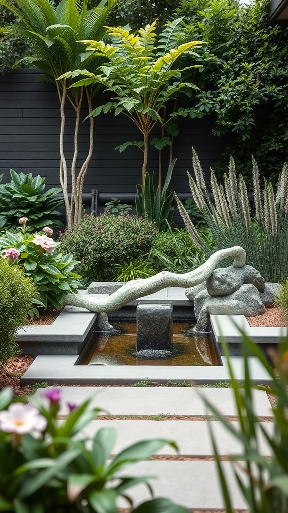 A serene backyard water feature with a stone sculpture and lush plants.
