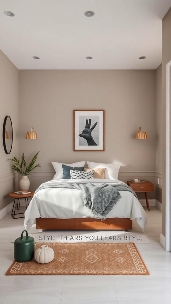 A modern mudroom featuring a bed, wooden furniture, and stylish decor.
