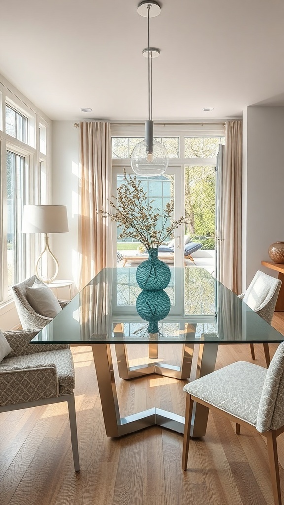 A modern dining area featuring a sleek glass table with a unique base and inviting chairs, surrounded by natural light from large windows.