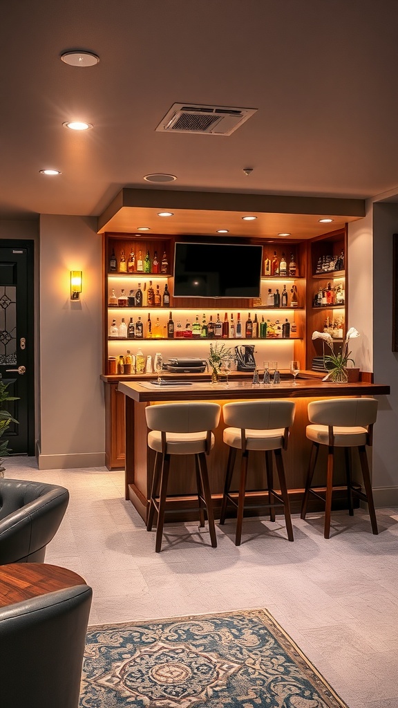 A modern bar setup in a stylish basement with wooden counter, bar stools, and warm lighting.