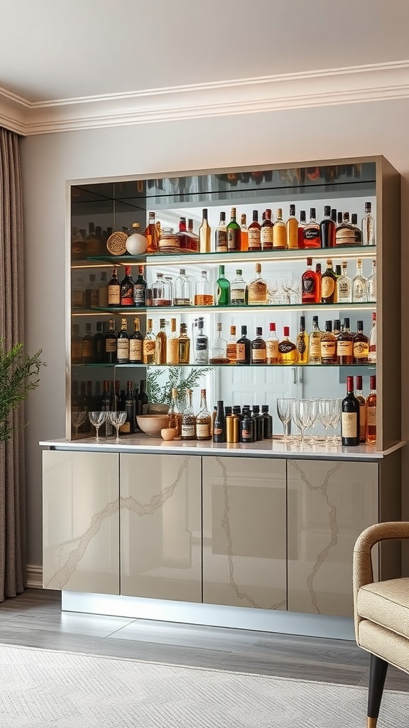 A sleek and stylish modern bar unit featuring an array of liquor bottles and glassware.