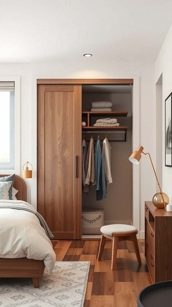 A modern sliding door wardrobe made of wood, showcasing organized clothes and items inside.