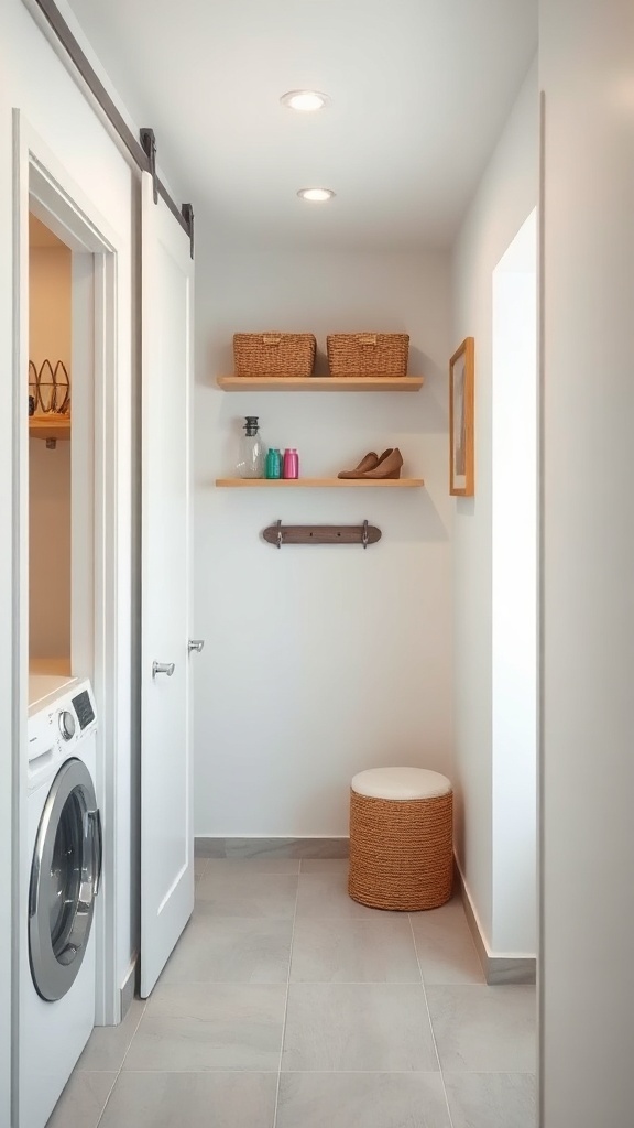 A narrow laundry room featuring a sliding door, shelves with baskets, and a decorative stool.