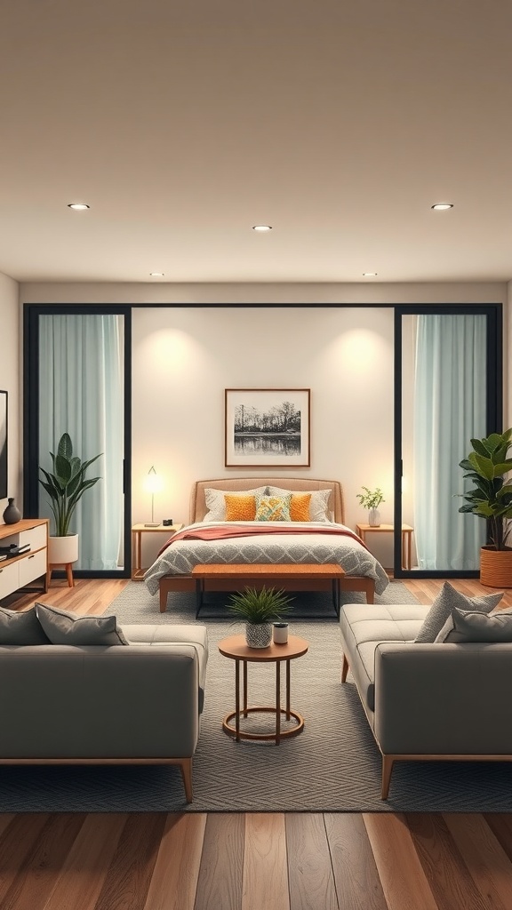 A modern living room with sliding glass doors leading to a bedroom, featuring cozy furniture and plants.
