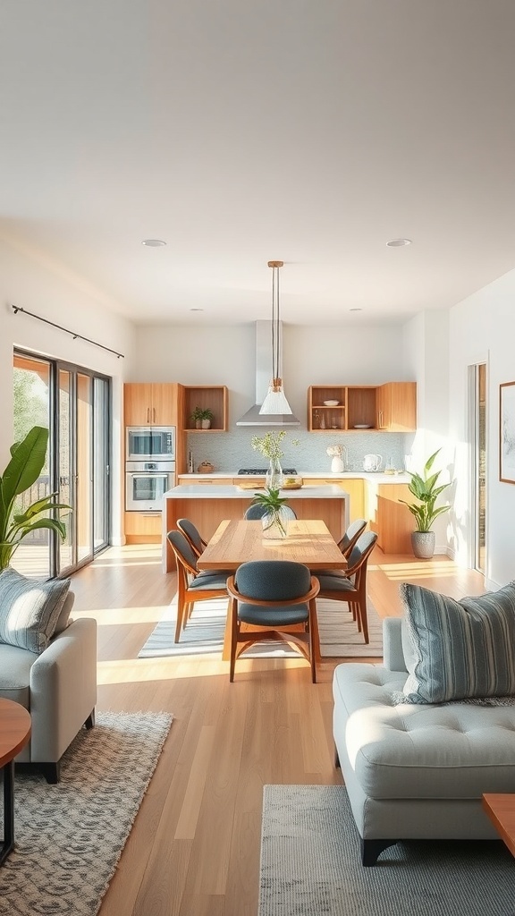 An open kitchen featuring sliding glass panels that connect to the living area.