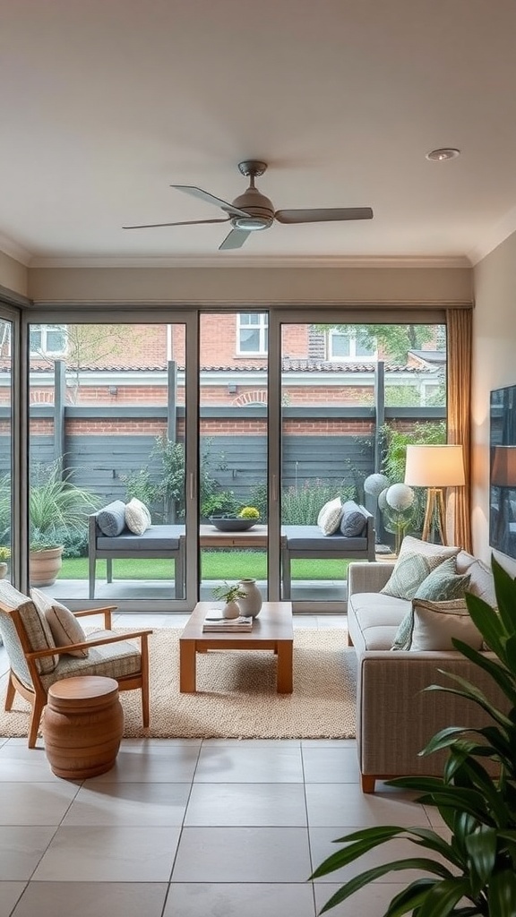 A modern living room with sliding glass doors opening to an outdoor garden