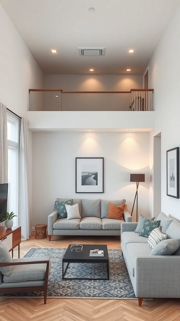 A modern living room with a cozy seating arrangement, showcasing a bright design and a sense of openness.