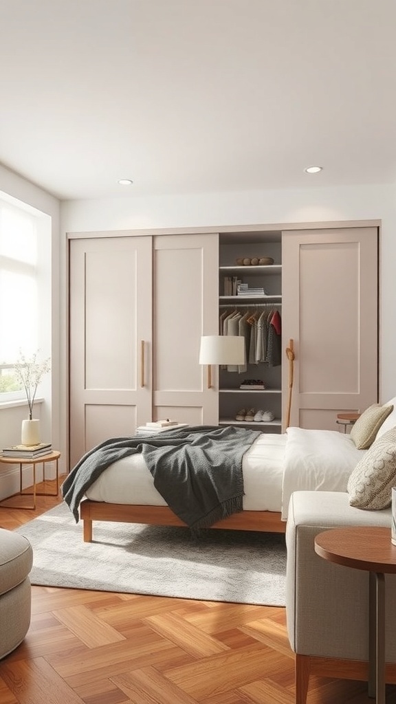 A modern bedroom with sliding wardrobe doors featuring a soft pink color, enhancing space efficiency and aesthetics.
