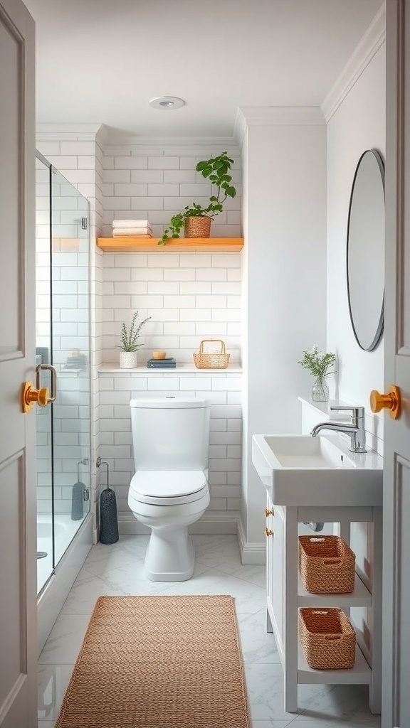 Modern small bathroom with floating shelves, woven baskets, and a sleek sink
