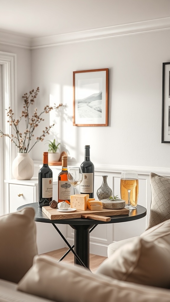 A small wine and cheese setup featuring various bottles of wine, cheese, and snacks on a round table.