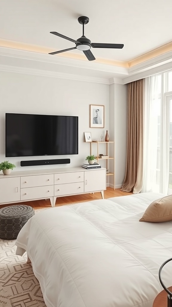 A stylish home theater setup featuring a large TV, soundbar, and comfortable bed.