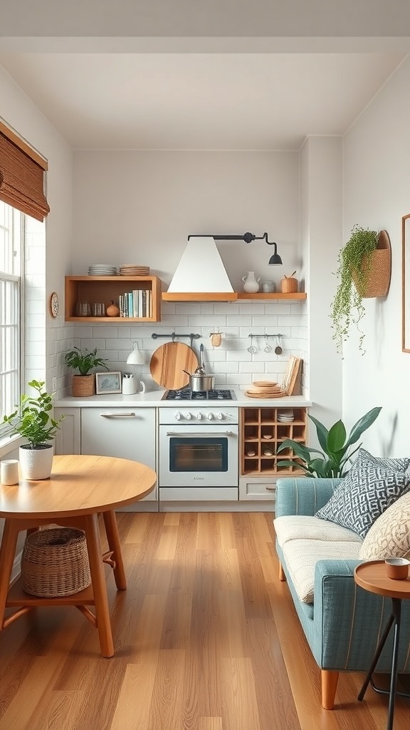 A small, stylish kitchen with a round table and cozy seating, featuring light walls, wooden shelves, and plants, showcasing an efficient layout.