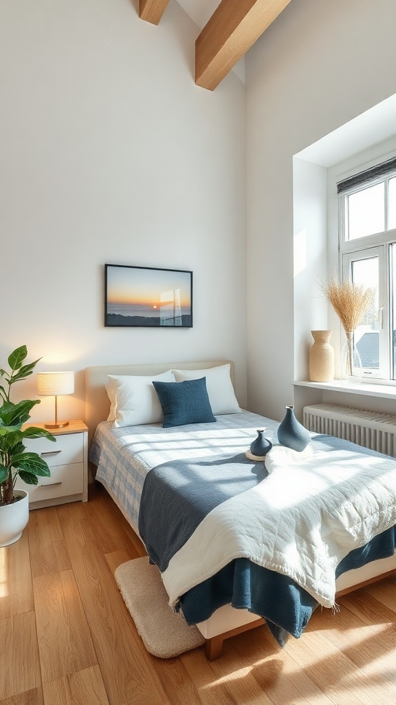 A small bedroom with a bed, bedside table, and potted plant, featuring high ceilings and natural light.