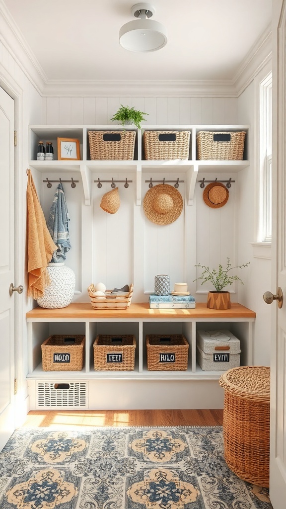 A stylish mudroom featuring open shelving, labeled baskets, hooks for hanging, and a cozy rug.