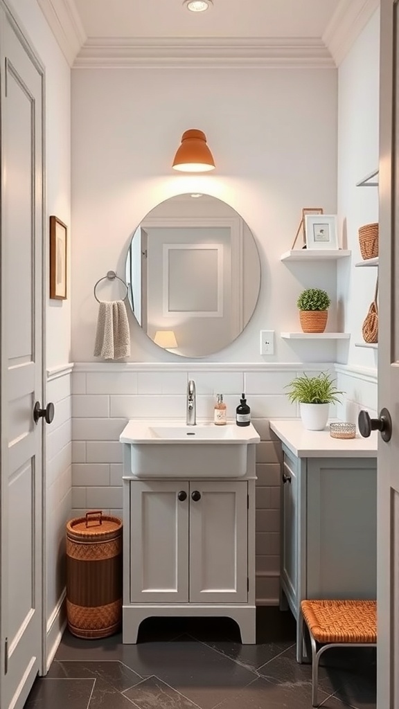 A small, modern bathroom with a round mirror, open shelves, and a stylish sink.