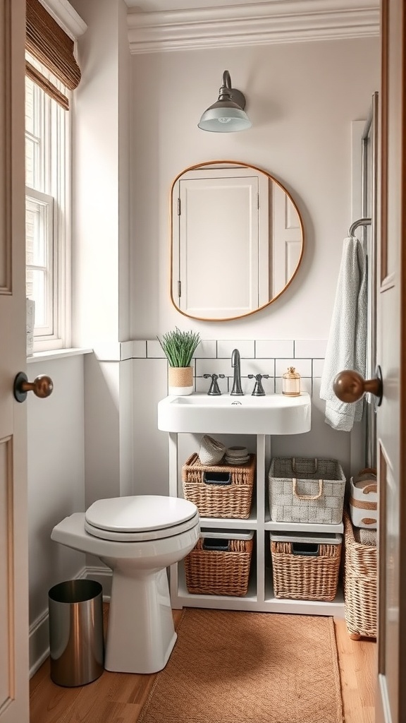 A stylish tiny half bathroom featuring storage solutions under the sink with baskets and shelves.