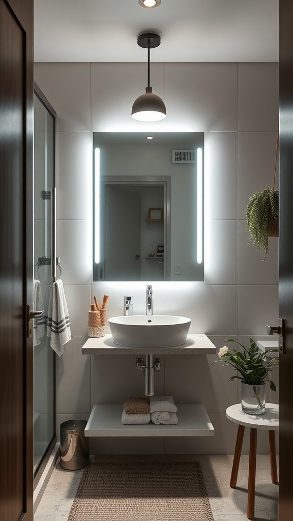 A modern tiny bathroom featuring smart lighting, a stylish sink, and a sleek design.