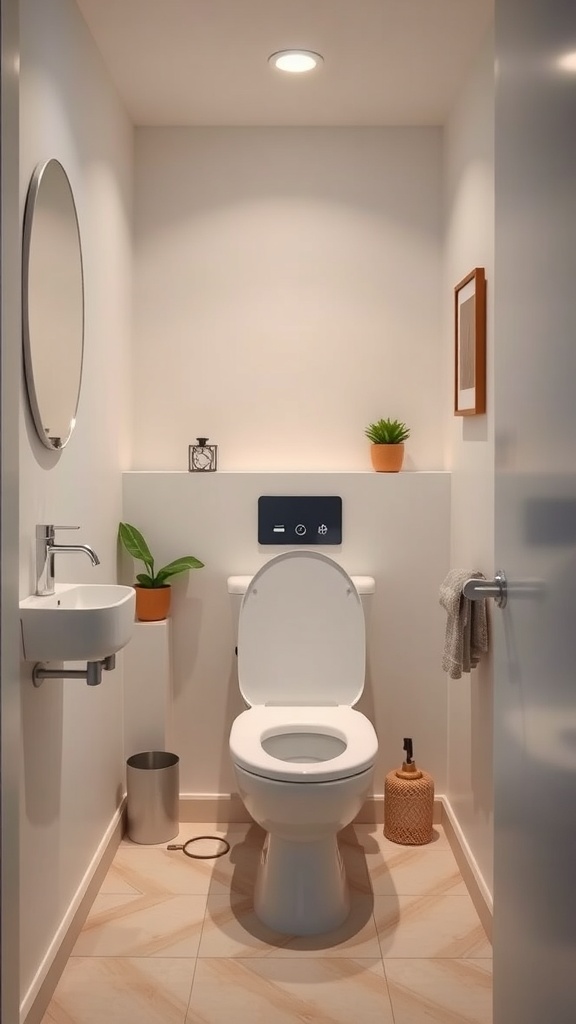 A modern tiny toilet room with smart technology features, including a wall-mounted toilet and recessed lighting.