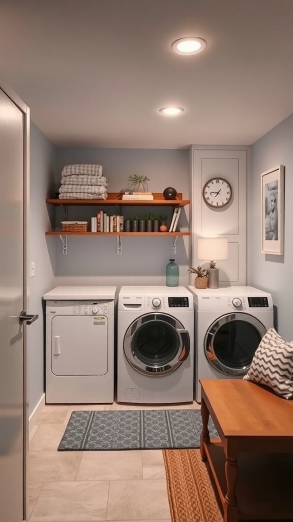 A modern basement laundry room featuring a washer, dryer, shelves with towels and books, and a cozy seating area.