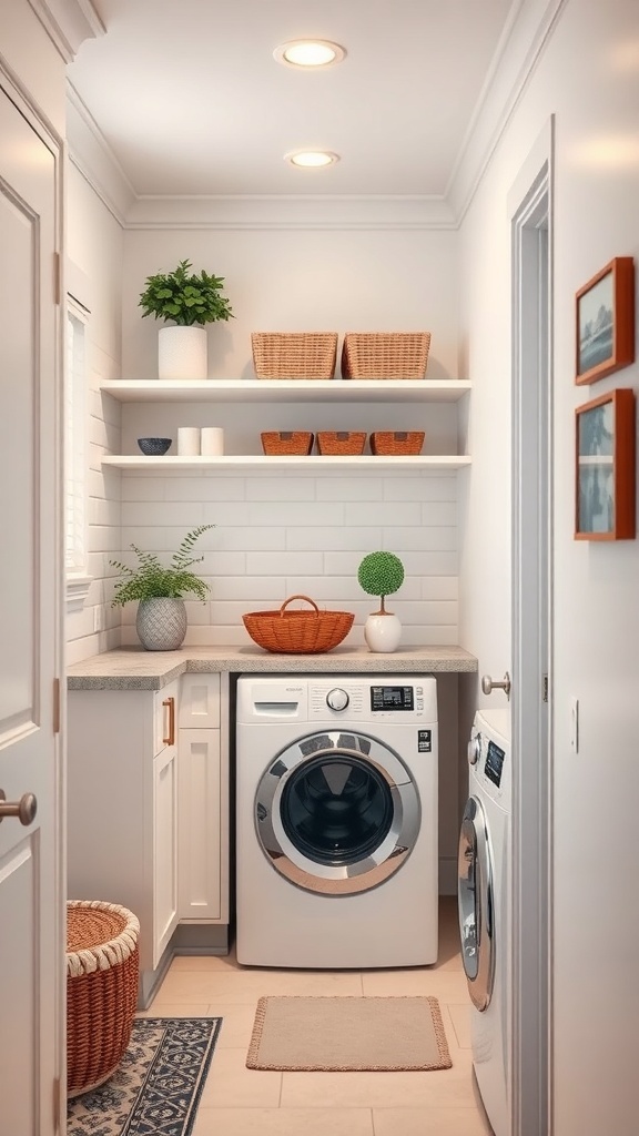 A modern narrow laundry room featuring smart appliances, organized shelves, and contemporary decor.