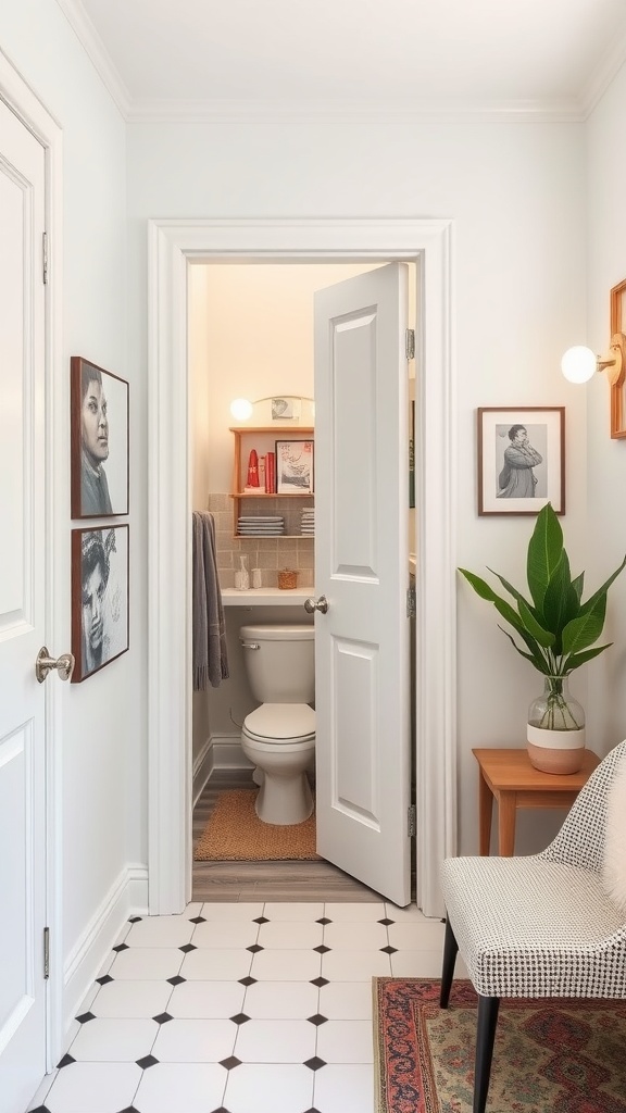 A compact half bathroom featuring a pocket door, art on walls, and stylish decor.