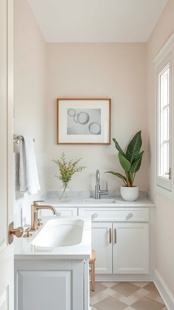 Small bathroom with a wall-mounted faucet, featuring a modern sink and stylish decor.