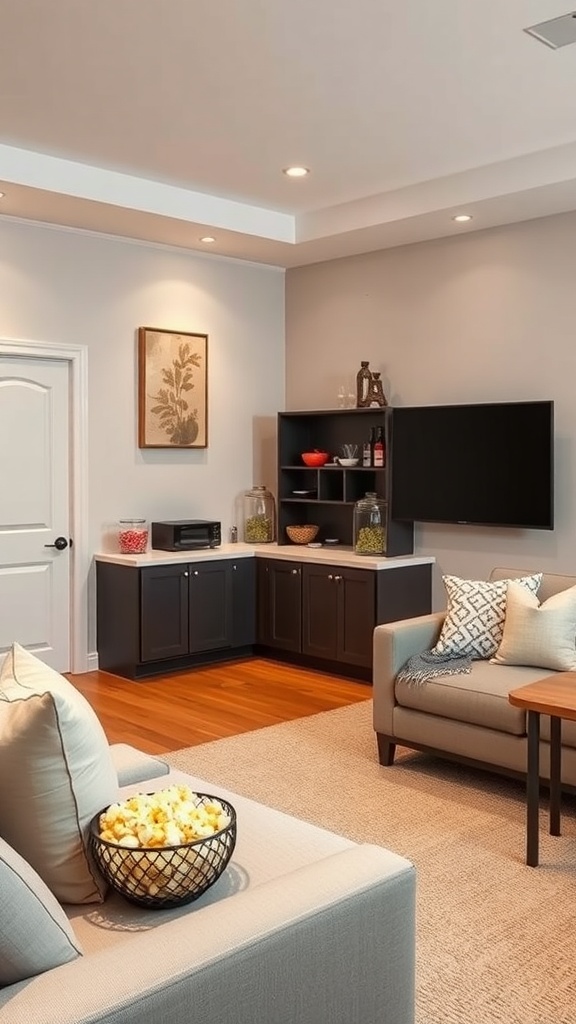 A cozy home theater snack bar setup with popcorn, drinks, and comfortable seating.