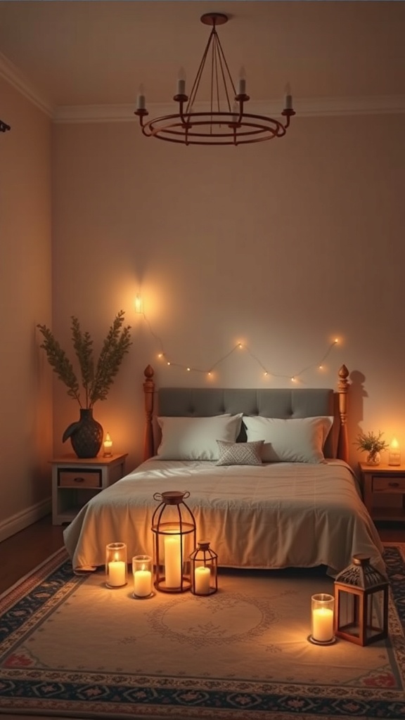 A cozy prayer room with soft ambient lighting, featuring candles and string lights.