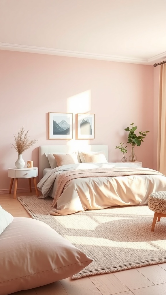 A cozy bedroom with soft blush walls, a neatly made bed, and natural light.